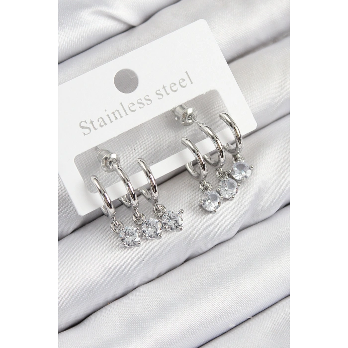 Pirinç Sallantılı Zirkon Taşlı Model Gümüş Renk Kadın Küpe - TJ-BKP11098