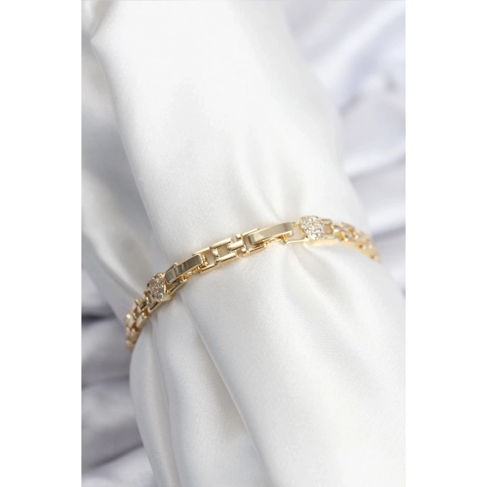 Pirinç VIP Seri Gold Renk Zincir Model Kalpli Zirkon Taşlı Kadın Bileklik - TJ-BB7929