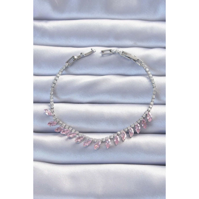 Pirinç Vip Seri Gümüş Renk Pembe Zirkon Taşlı Bileklik - TJ-BB6326