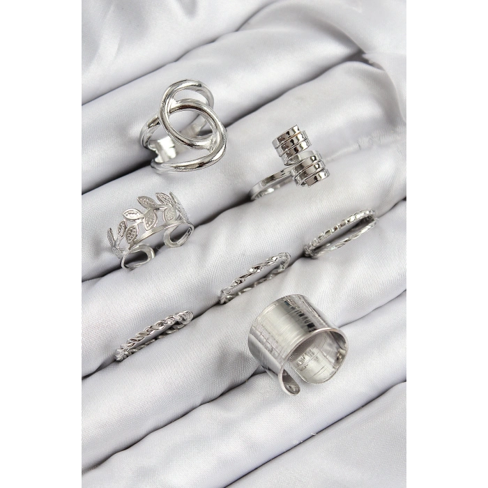 Pirinç Yaprak Model Gümüş Renk Kadın Yüzük Kombin Set - TJ-BYK3818