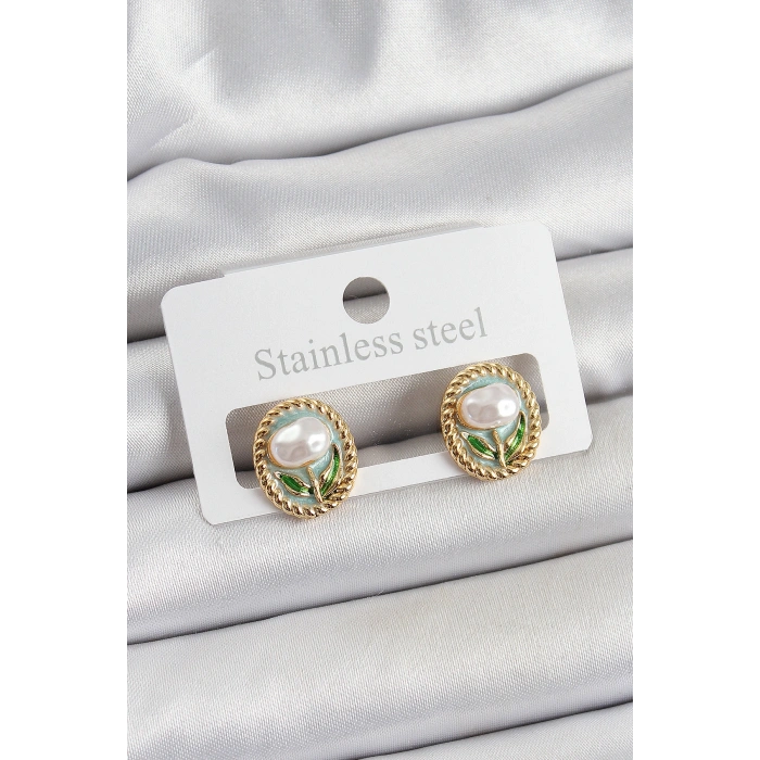 Pirinç Yeşil Mineli Lale Figürlü Sanatsal Portre Model Gold Renk Kadın Küpe - TJ-BKP10673