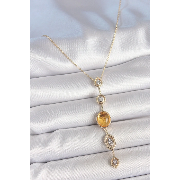 Pirinç Zincir Kehribar Sarı Gold Renk Zirkon Taşlı Y Kolye - TJ-BKO10230