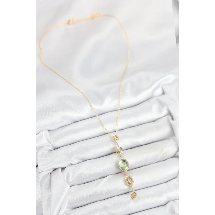 Pirinç Zincir Yeşil Gold Renk Zirkon Taşlı Y Kolye - TJ-BKO10557