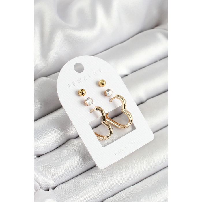 Pirinç Zirkon Taş Ve Kalp Figürlü Gold Renk 3lü Çift Kadın Küpe Set - TJ-BKP10650