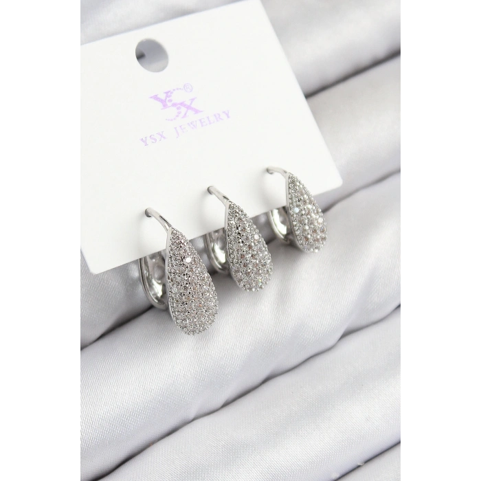 Pirinç Zirkon Taşlı 3lü Damla Model Gümüş Renk Kadın Küpe