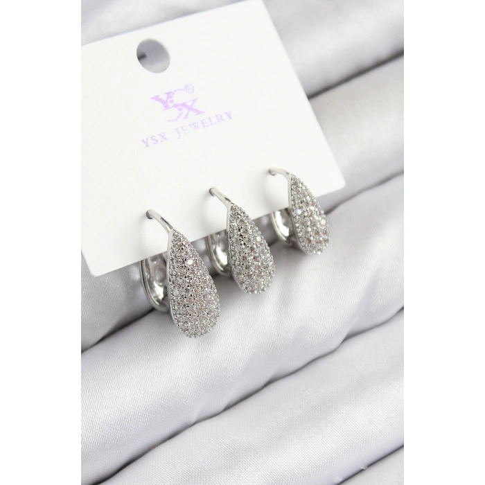 Pirinç Zirkon Taşlı 3lü Damla Model Gümüş Renk Kadın Küpe - TJ-BKP11125