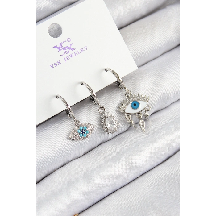 Pirinç Zirkon Taşlı 3lü Fatmanın Gözü Model Gümüş Renk Kadın Küpe - TJ-BKP11130