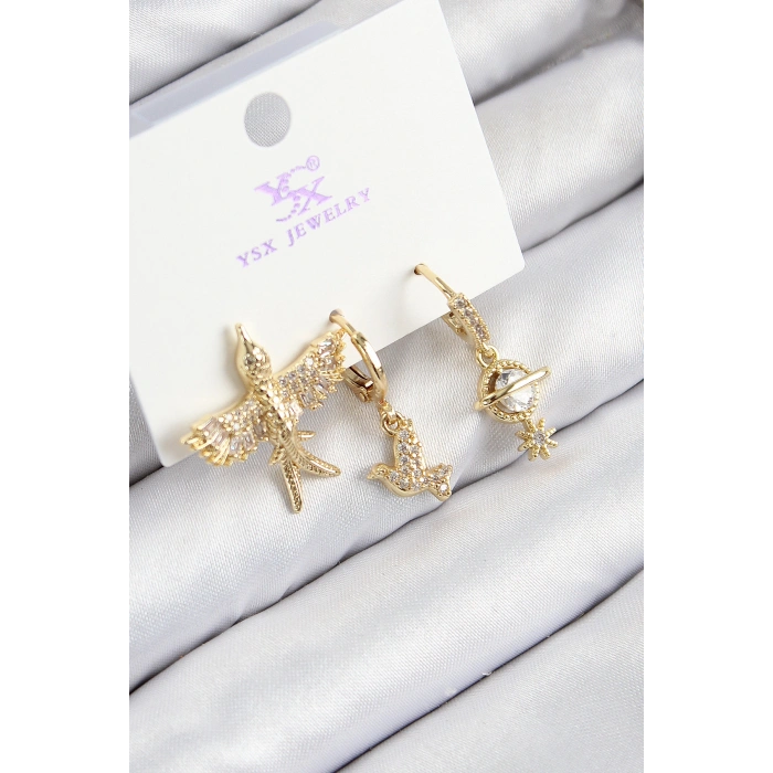 Pirinç Zirkon Taşlı 3lü Kuş Model Gold Renk Kadın Küpe - TJ-BKP11133