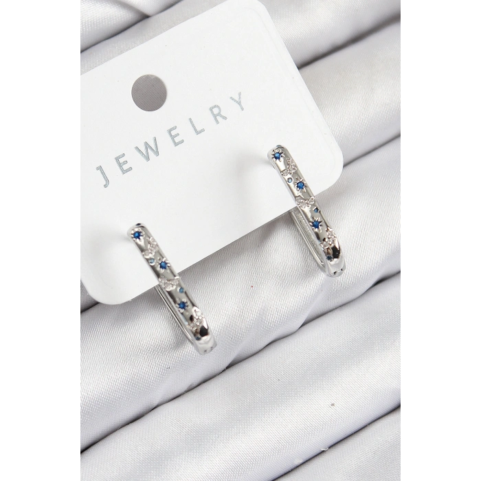 Pirinç Zirkon Taşlı Çiçek Desenli Model Gümüş Renk Kadın Küpe - TJ-BKP11061