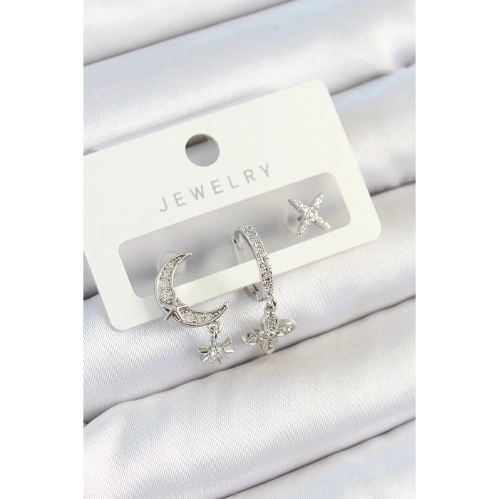 Pirinç Zirkon Taşlı Çiçek Ve Ay Model Gümüş Renk 3lü Çift Kadın Küpe Set - TJ-BKP10804