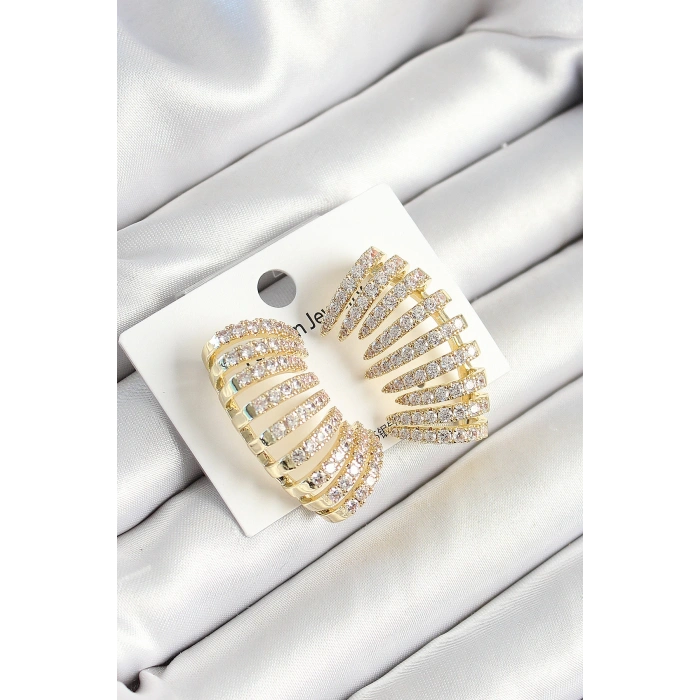 Pirinç Zirkon Taşlı Çoklu Görünümlü Model Gold Renk Kadın Küpe - TJ-BKP10632