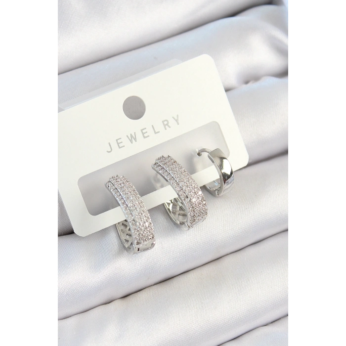 Pirinç Zirkon Taşlı Damla Model Gümüş Renk 3lü Çift Kadın Küpe Set - TJ-BKP10805