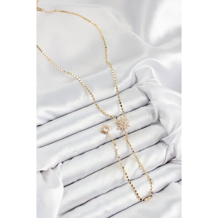 Pirinç Zirkon Taşlı Ezme Zincirli Kutup Yıldızı Model Gold Renk Y Kolye - TJ-BKO10469
