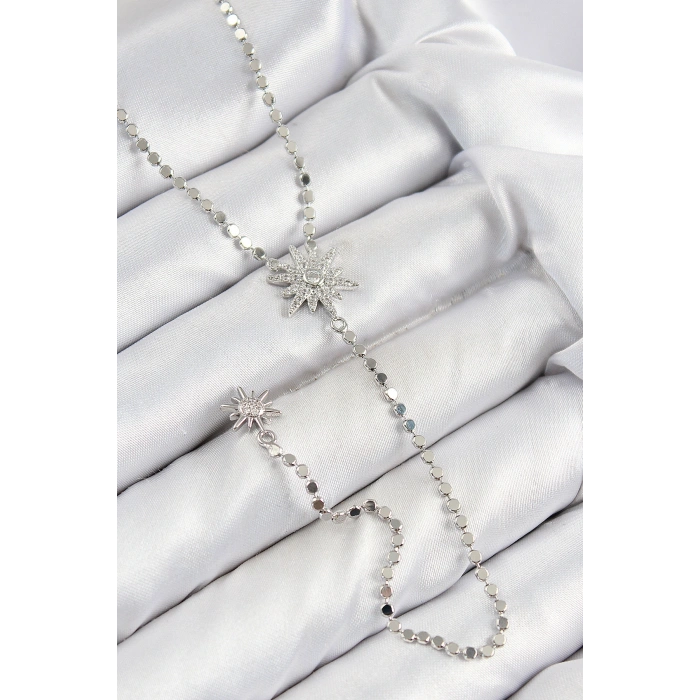 Pirinç Zirkon Taşlı Ezme Zincirli Kutup Yıldızı Model Gümüş Renk Y Kolye - TJ-BKO10468