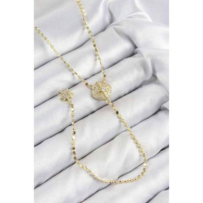 Pirinç Zirkon Taşlı Ezme Zincirli Madalyon Model Gold Renk Y Kolye - TJ-BKO10471