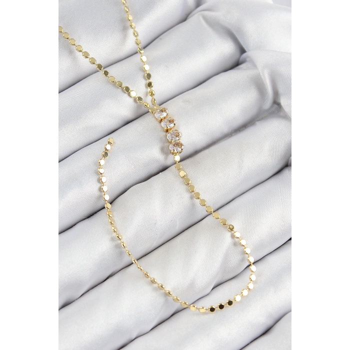 Pirinç Zirkon Taşlı Ezme Zincirli Model Gold Renk Y Kolye - TJ-BKO10465