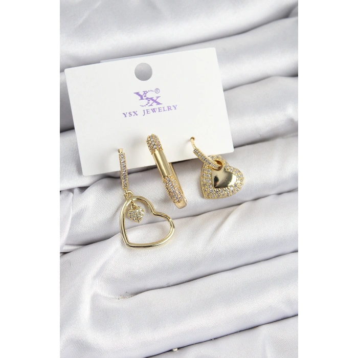 Pirinç Zİrkon Taşlı Kalp Model Gold Renk 3lü Kadın Küpe - TJ-BKP10936