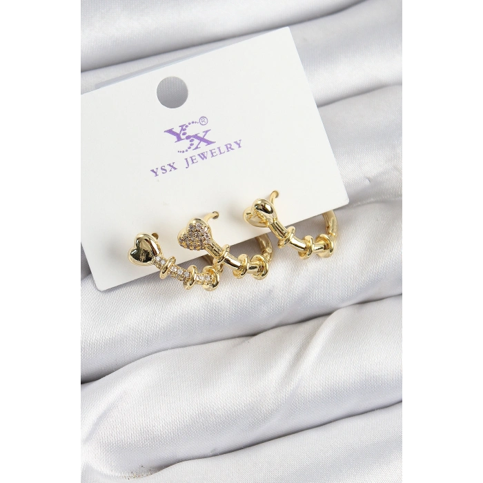 Pirinç Zİrkon Taşlı Kalp Model Gold Renk 3lü Kadın Küpe - TJ-BKP10947