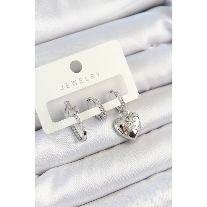 Pirinç Zirkon Taşlı Kalp Model Gümüş Renk 3lü Çift Kadın Küpe Set - TJ-BKP10794