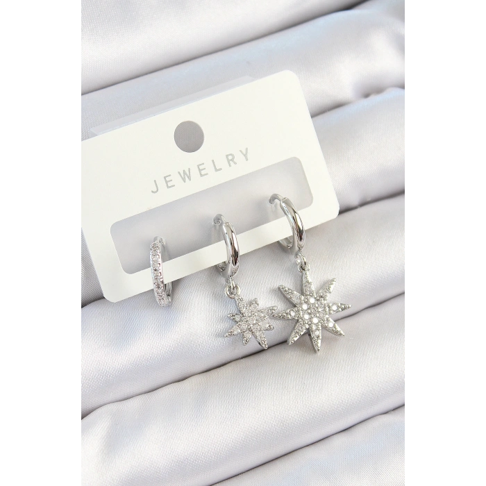 Pirinç Zirkon Taşlı Kutup Yıldızı Model Gümüş Renk 3lü Çift Kadın Küpe Set - TJ-BKP10803