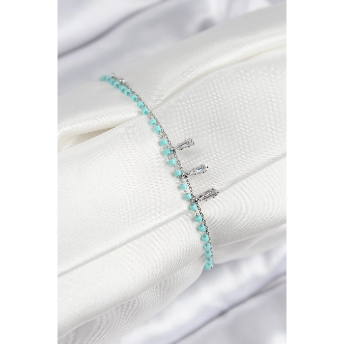 Pirinç Zirkon Taşlı Mavi Boncuklu Model Gümüş Renk Kadın Bileklik - TJ-BB7582