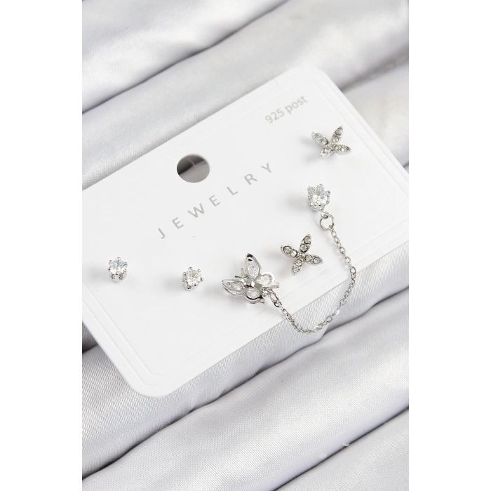 Pirinç Zirkon Taşlı Model Gümüş Renk 925 Ayar Gümüş Çivi Kadın Küpe Set - TJ-BKP11159