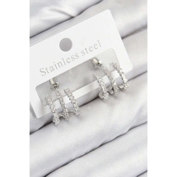 Pirinç Zirkon Taşlı Model Gümüş Renk Kadın Küpe - TJ-BKP11102