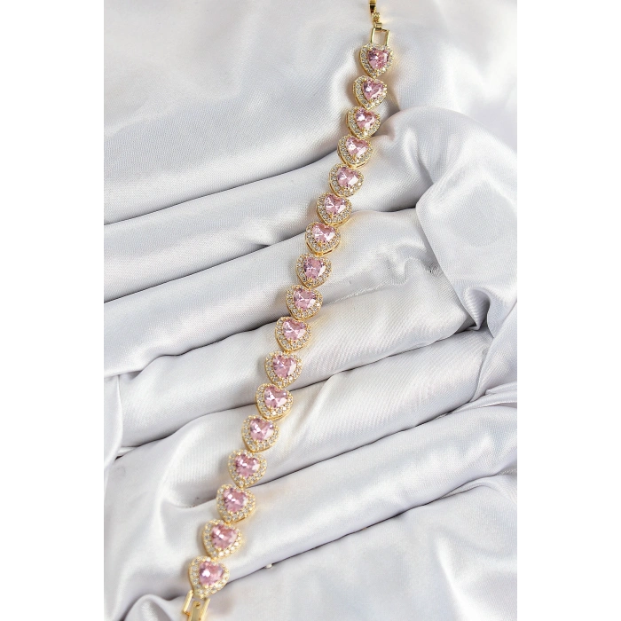 Pirinç Zirkon Taşlı Pembe Kalp Baget Model Gold Renk VIP Seri Kadın Bileklik - TJ-BB7502