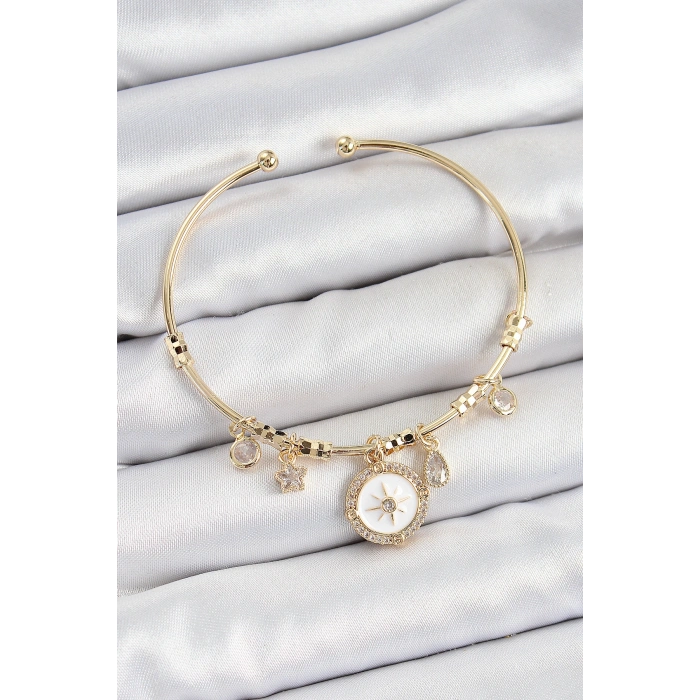 Pirinç Zirkon Taşlı Pusula Model Gold Renk Charm Bileklik - TJ-BB7353