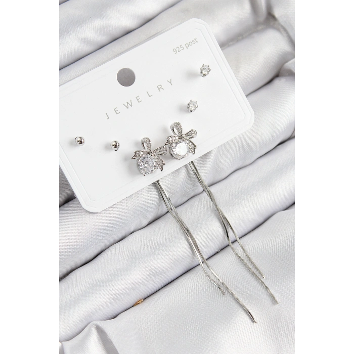 Pirinç Zirkon Taşlı Sallantılı Fiyonk Model Gümüş Renk 925 Ayar Gümüş Çivi Kadın Küpe Set - TJ-BKP11169