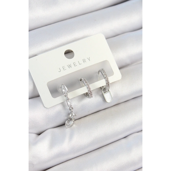 Pirinç Zirkon Taşlı Sallantılı Model Gümüş Renk 3lü Çift Kadın Küpe Set - TJ-BKP10787