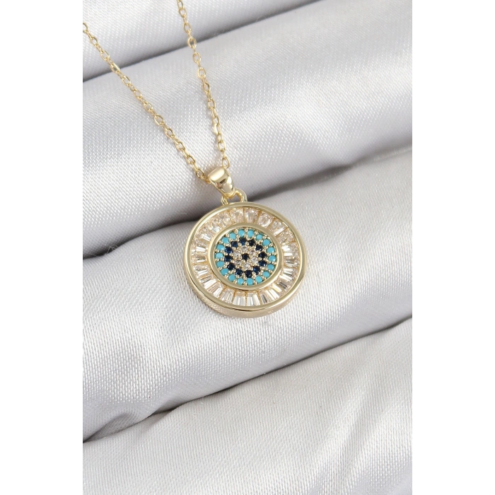 Pirinç Zirkon Taşlı Su Yolu Nazar Model Gold Renk Kadın Kolye - TJ-BKO10428