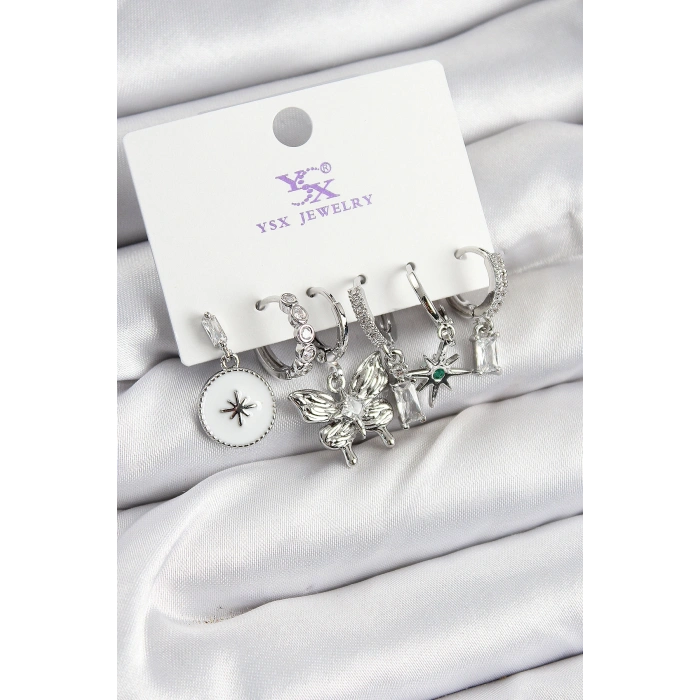 Pirinç Zİrkon Taşlı ve Yıldız Model Gümüş Renk 3lü Çift Kadın Küpe - TJ-BKP10958