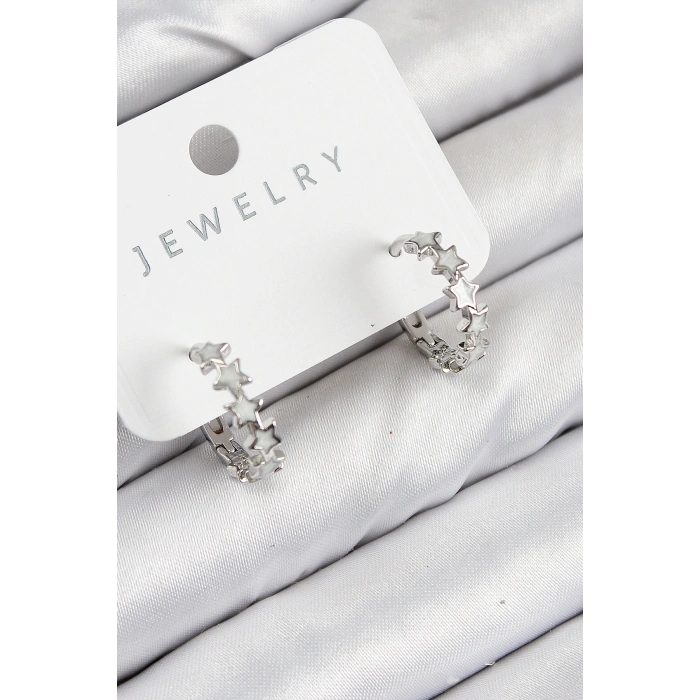 Pirinç Zirkon Taşlı Yıldız Model Gümüş Renk Kadın Küpe - TJ-BKP11065