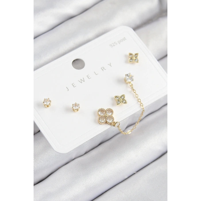 Pirinç Zirkon Taşlı Yonca Model Gold Renk 925 Ayar Gümüş Çivi Kadın Küpe Set - TJ-BKP11158