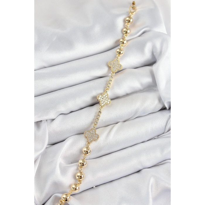Pirinç Zirkon Taşlı Yonca Model Gold Renk Kadın Bileklik