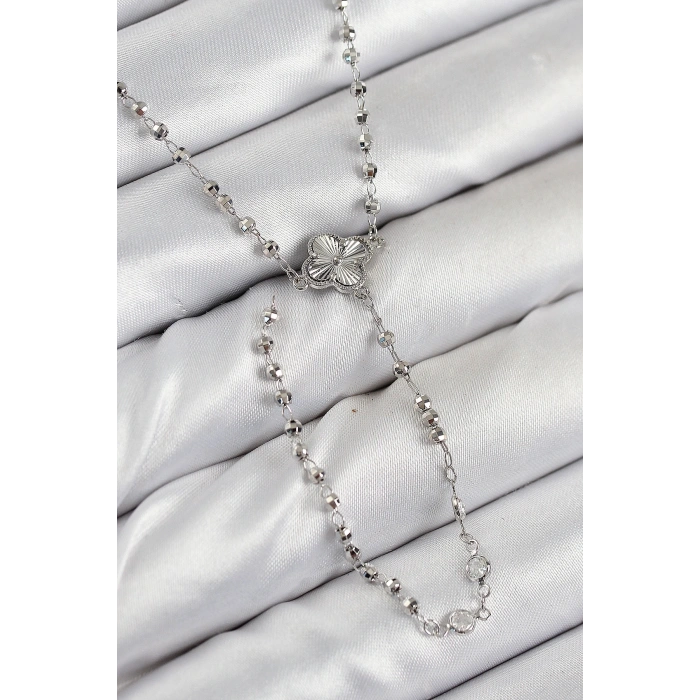 Pirinç Zirkon Taşlı Yonca Model Gümüş Renk Kadın Y Kolye