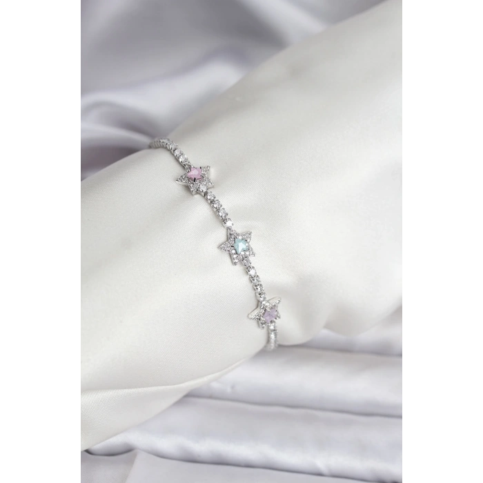 Renkli Yıldız Model Zirkon Taşlı Gümüş Renk Pirinç Su Yolu Kadın Bileklik - TJ-BB8101