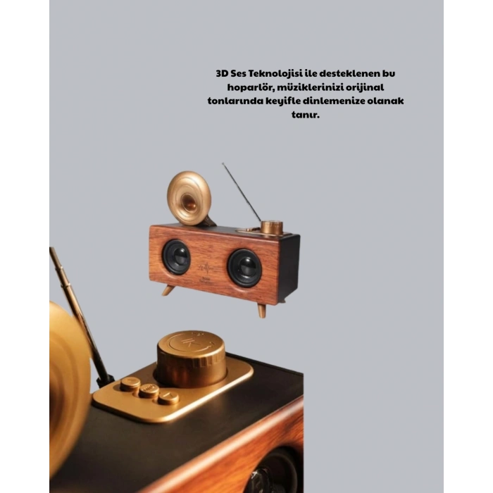Retro Gramofon Tasarımlı Bluetooth Hoparlör – 3D Stereo Ses, 1800 mAh Batarya