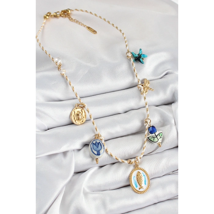 Seramik Motifli Balık Figürlü Model Krem İp Kadın Kolye - TJ-BKO10400