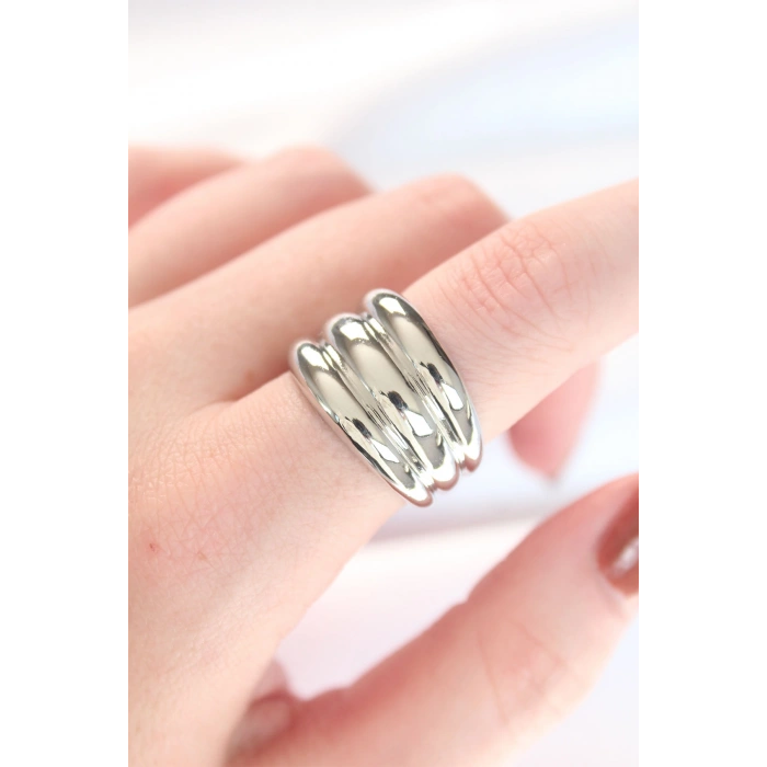 Silver Renk Ayarlanabilir Çizgili Bombe Yüzük - TJ-BYK3118