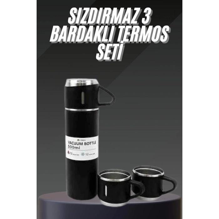 Termos Seti Paslanmaz Çelik 3 Bardaklı Vakumlu Termos Set 500 Ml 12 Saate Kadar Isı Koruma
