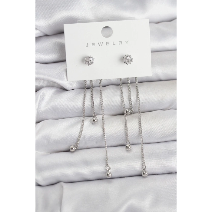 Topçuk Model Gümüş Renk Pirinç Sallantılı Kadın Küpe Seti - TJ-BKP11468