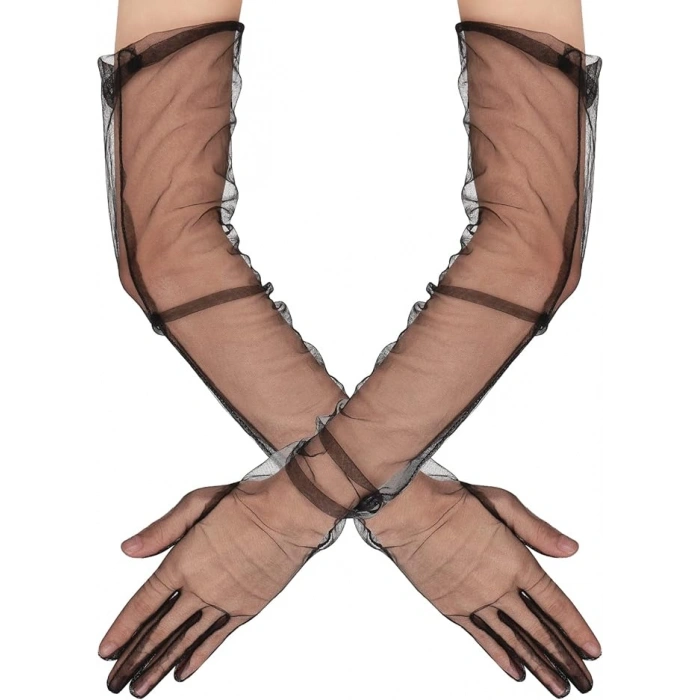 Uzun Boy Likralı Siyah Renk Yetişkin Mega Tül Eldiven 53 cm