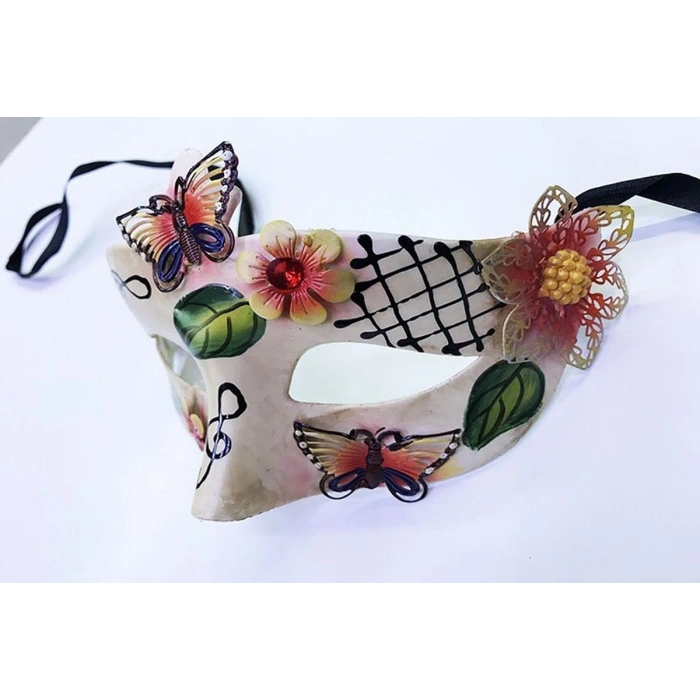 ve Çiçek İşlemeli Venedik Maskesi Kırmızı Renk 10x18 cm