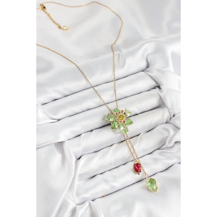 VIP Pirinç Zirkon Taşlı Çiçek Model Gold Renk Asansörlü Kadın Kolye - TJ-BKO10474