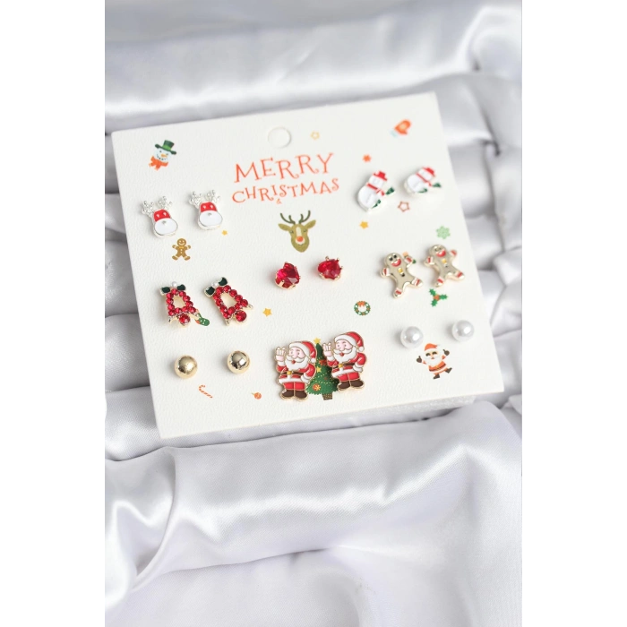 Yılbaşı Temalı Karışık Model 8 Çift Yılbaşı Temalı Kadın Küpe Seti - TJ-BKP11399