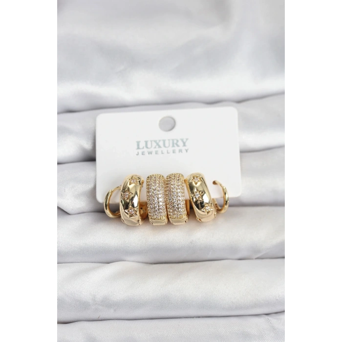 Zirkon Taşlı Pirinç Gold Renk Halka Kadın Küpe Seti