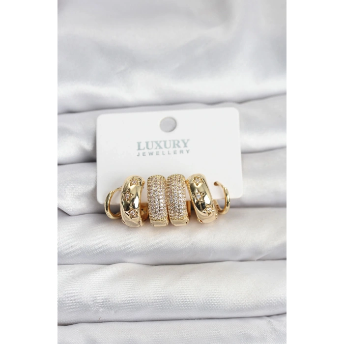 Zirkon Taşlı Pirinç Gold Renk Halka Kadın Küpe Seti - TJ-BKP11489