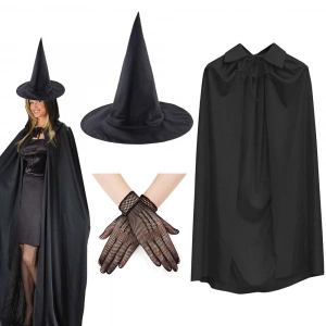 120 cm Siyah Yakalı Cadı Pelerini Cadı Şapkası ve 1 Çift Siyah Kısa File Tüm Eldiven Seti 3 Parça